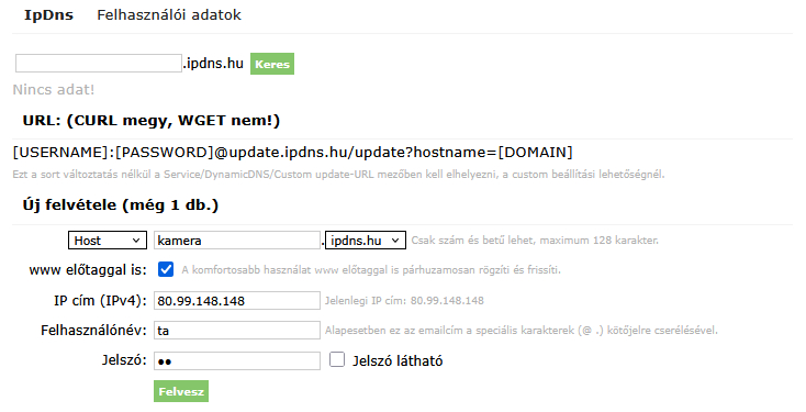 DDNS host létrehozása ipdns felületen